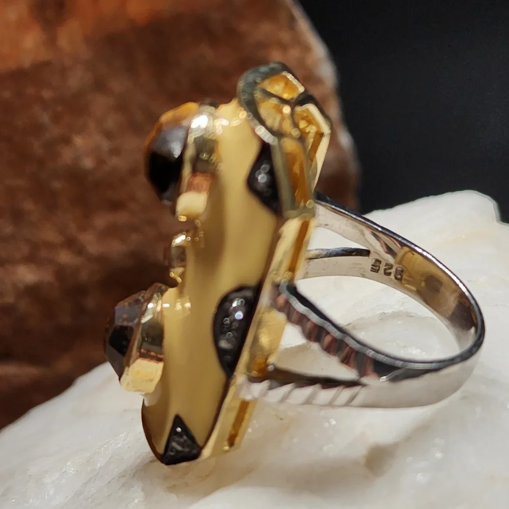 Solid Sterling Silver 925/18k Gold Massive Ring Raw Diamond/Tiger Eye Stone